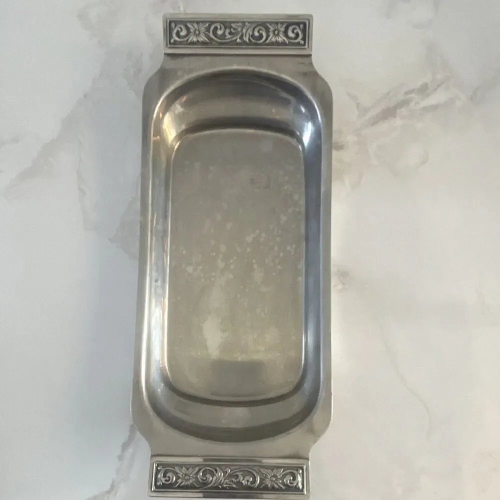 Silver Metal Rectangular Glossy Serving Tray with Floral Handles